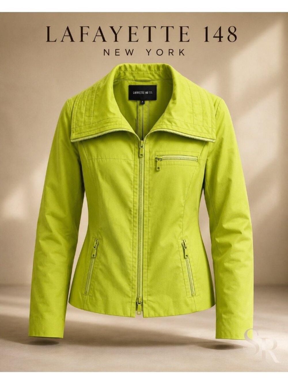 Lafayette 148 New York Size 0 Chartreuse Green Cotton Stretch Zip Jacket